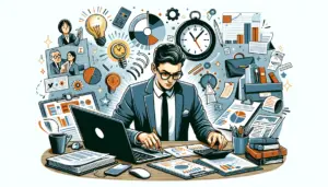 DALL·E 2024-05-22 22.07.18 – An illustration for the phrase ‚An deiner Erfolgsgeschichte arbeiten_ Ein pragmatischer Leitfaden für Vielbeschäftigte.‘ A busy professional is seen m